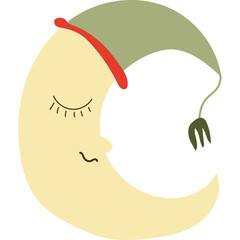Whimsical Crescent Moon Character Wearing a Sleeping Cap with Closed Eyes and a Gentle Smile in Soft Yellow and Muted Green Tones on a Transparent Background Ideal for Baby Shower Themes