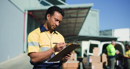 Businessman, clipboard and writing with boxes in logistics for inventory checklist or inspection. Man, distributor or inspector with notes, packages or cargo for quality assurance or supply chain - Powered by Adobe
