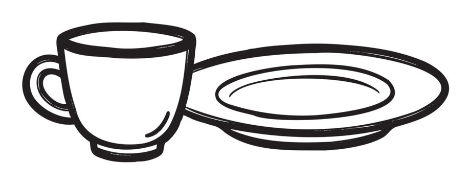 Black outline drawing of a simple cup with a handle placed next to a matching saucer, showcasing minimalist design for dining concepts.