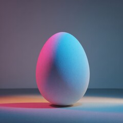 Luminous egg illuminated with soft magenta and azure lights on textured gray surface in studio setting