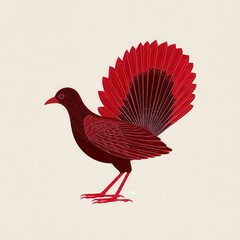 Crimson bird illustration on a creamy backdrop graceful avian artwork stylized design elegant plumage detailed line-work exotic bird
