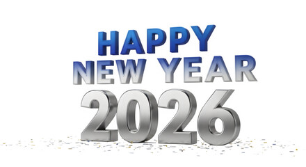 Happy new year 2026 three-dimensional metallic text with festive confetti elements on transparent background