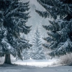 Majestic winter landscape featuring snowy pine trees creating a beautiful scene in a tranquil and serene atmosphere