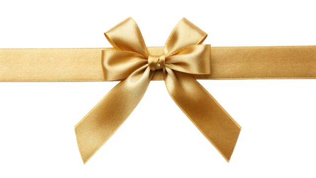 Golden gift ribbon with a bow tied in the center horizontal layout isolated on transparent background 