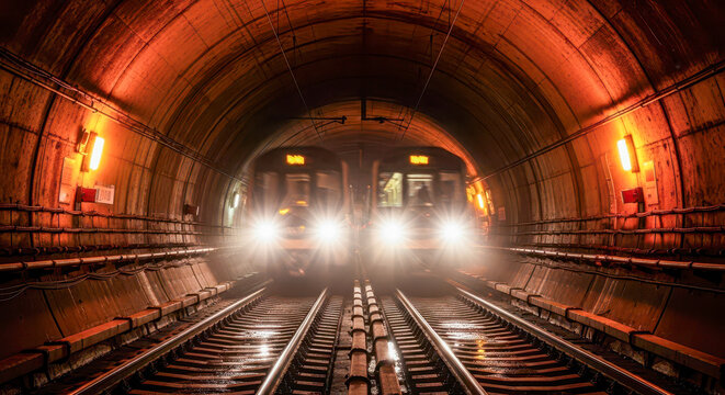 Two subway trains with bright headlights in dark underground tunnel for concept of transportation, or urban commuting - Powered by Adobe