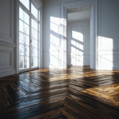Bright Sunlight Streaming Through Window in Elegant Interior Design with Hardwood Floor and Decorative Walls