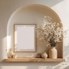 Minimalist interior featuring frame mock up in arched alcove with daisy flowers vase and earthy decoration