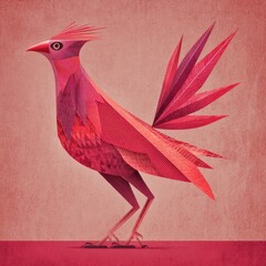 Stylized red bird with geometric feather details standing against a textured background art illustration
