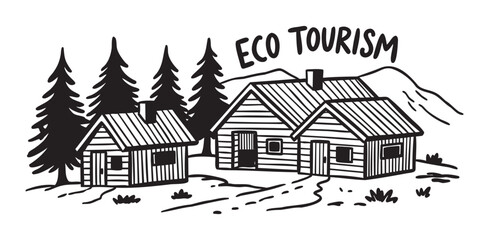 Fototapeta premium Hand-drawn illustration of rustic wooden cabins surrounded by pine trees and mountains, emphasizing eco-tourism concept.