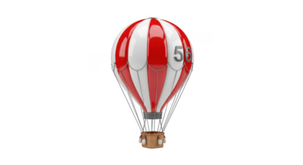 Classic Red and White Striped Hot Air Balloon with Basket and Number 56 airship aircraft isolated on a transparent background