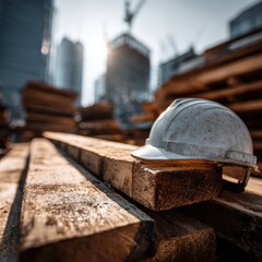Construction site safety gear gleaming under a soft sunlight with building frames and wooden beams arranged