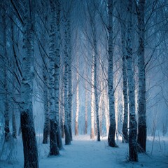 Dreamy winter birch forest landscape covered in fresh white snow illuminated by soft light in twilight hour