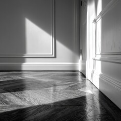 Geometric interplay of light and shadow accentuating the parquet floor in a minimalist monochrome scene
