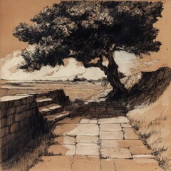 Serene coastal path sketch shaded beneath grand tree leading to distant shores tranquil illustration drawing