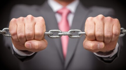 Assertive Businessman Breaks Metal Chain Illustrating Freedom Strength Breaking Free or Empowerment