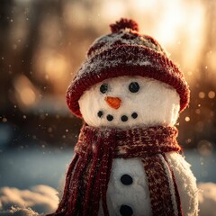 Cozy snowman dressed in red hat and scarf standing in snowy landscape with winter sunlight creating a magical atmosphere
