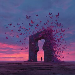 Mysterious portal surrounded by butterflies at sunset evoking a sense of magic hope and adventure