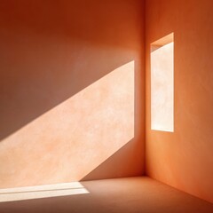 Minimalist Interior with Sunlight Streaming Through Window Casting Shadow on Peach Colored Plaster Wall