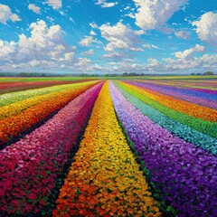 Vibrant floral spectrum captured in a vast blooming field under a sky filled with airy clouds sunny day artistic impressionism.
