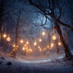 Enchanted winter forest with glowing bulbs hanging from trees creating warm fairytale atmosphere winter mood snowy