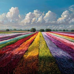 Vibrant Floral Field Painted in Colorful Layers under a Cloudy Sky Capturing the Beauty of Nature and Artistic Vision