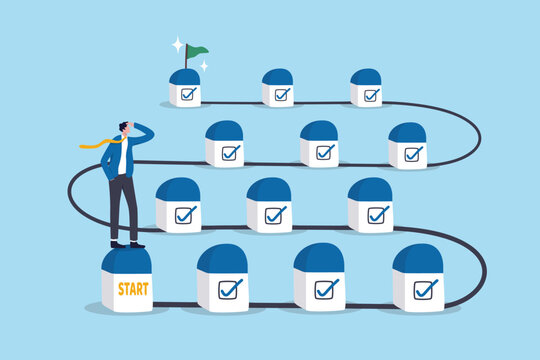Milestone or achievement step, completion task checklist to progress to business goal success, step to be done journey, objective path, businessman look at milestones checklist to reach success.