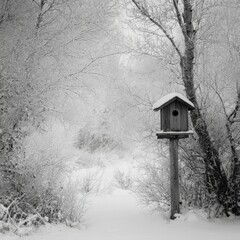 Serene Winter Birdhouse a Peaceful Snowfall Scene Capturing Rustic Charm under Frosty White Landscape for Tranquil Nature