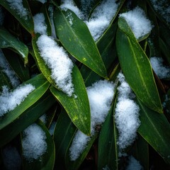 Captivating interplay of fresh snow adorning vibrant green tropical leaves conveying the essence of winter contrast