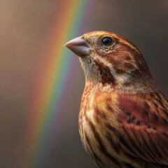 Captivating profile of a house finch basking in soft light with rainbow bokeh dreamy bird photography