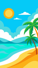 Obraz premium Cartoon beach scene with palm trees and bright sun
