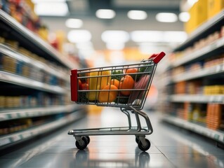 shopping cart is blurred in an aisle