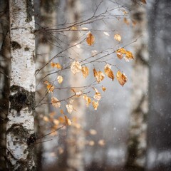 Snowfall on Birch Tree with Golden Leaves in Winter Forest Ethereal Atmospheric Scenery Nature Fine Art Photography Close-Up Shot on Blurry Background