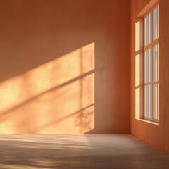 Interior scene with window casting geometric shadows in serene warm beige room providing copy space