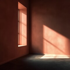 Warm terracotta walls basking in light from window casting shadows on dark floor in empty interior space