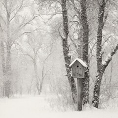 Serene Winter Scene Birdhouse Nestled Amidst Snowy Trees A Tranquil Monochrome Landscape Captured in Square Format
