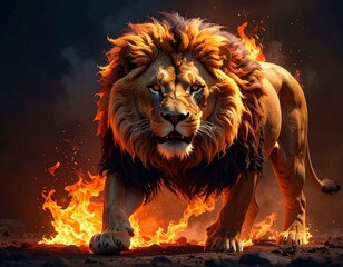 A majestic lion, its mane ablaze with fire, strides towards the viewer against a dark, smoky backdrop, emitting a fierce gaze