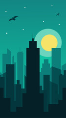 Naklejka premium Cityscape silhouette with birds and moon illustration
