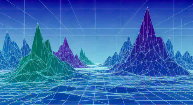 Abstract retro futuristic background with low poly landscape for concept of 80s, virtual reality, or music