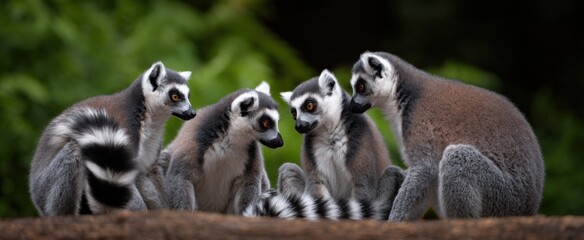 Obraz premium The friendly group of lemurs participated in gentle mutual cleaning behavior together.