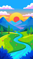 Illustration of a landscape with river and mountains