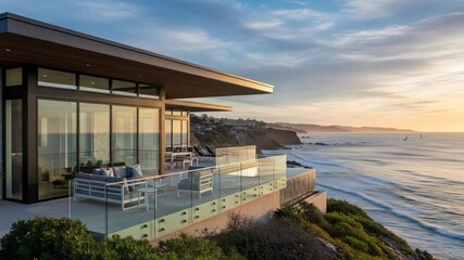 Luxury cliffside home with ocean view at sunset, glass balcony
