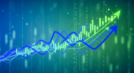 Fototapeta premium Abstract financial stock market graph with candlestick chart and arrows moving up. Business growth and investment concept. Green and blue data visualization for finance report