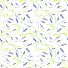 Fototapeta premium Seamless vector pattern with delicate lavender stems and lime green leaves on a white background. Elegant botanical design for textiles, stationery, and modern packaging