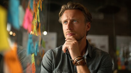Fototapeta premium A thoughtful man contemplating ideas with colorful sticky notes in a modern office environment.