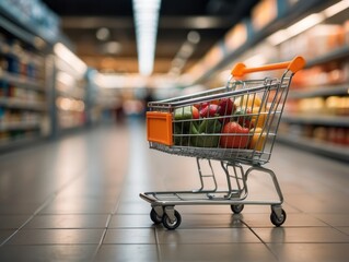 shopping cart is blurred in an aisle