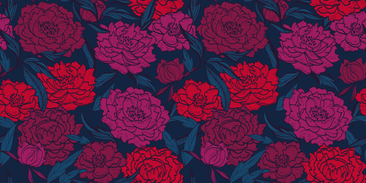 Bold seamless vector floral pattern with hand drawn peonies in rich red, burgundy, and magenta tones on a dark navy background. Elegant botanical design for fabric and decor