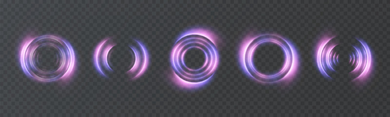 A set of glowing round energy rings with concentric waves on a transparent background for portals, game interfaces, Wi-Fi icons, technical communication elements, and network communication elements.   © MAKSYM