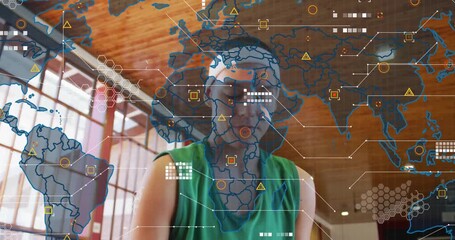 focused athlete raising basketball overhead on court, starting tech map overlay tracking precision - Powered by Adobe