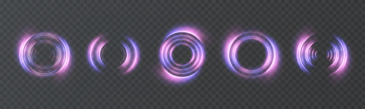A set of glowing round energy rings with concentric waves on a transparent background for portals, game interfaces, Wi-Fi icons, technical communication elements, and network communication elements.
 