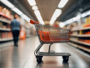 shopping cart is blurred in an aisle